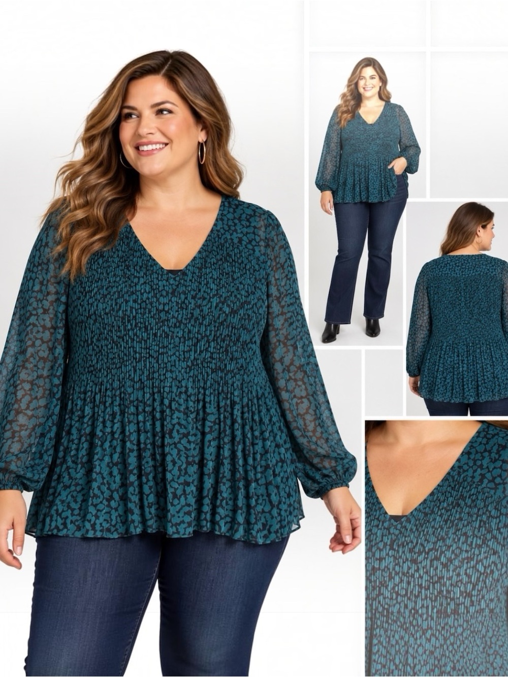Lane Bryant Size 18 20 Teal Brown Animal Print Pleated Chiffon Blouse